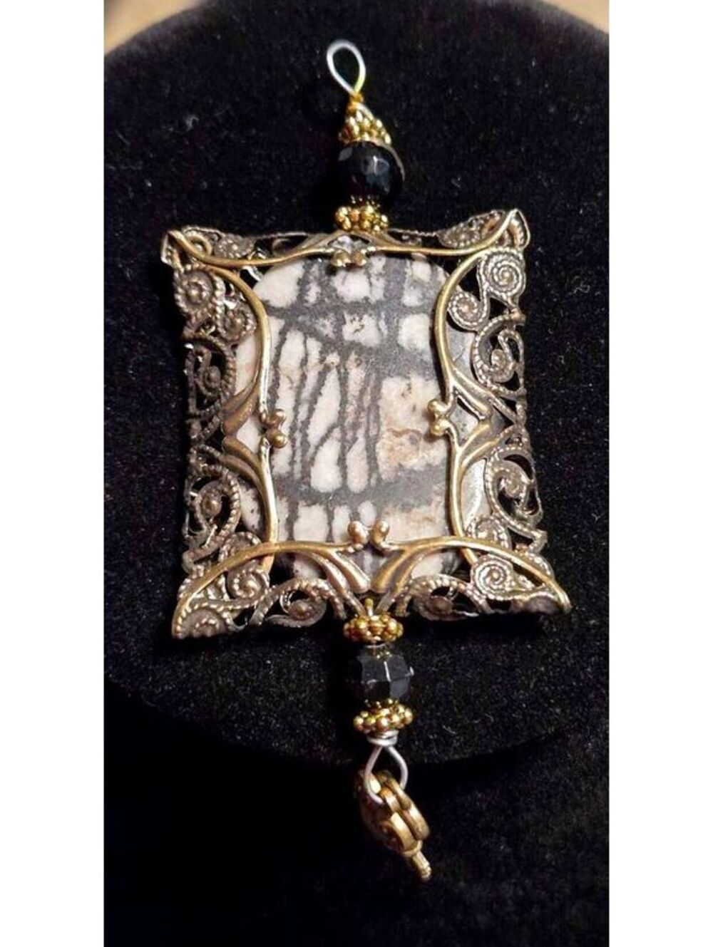 Vintage Handcrafted Landscape Jasper Filigree Pendant